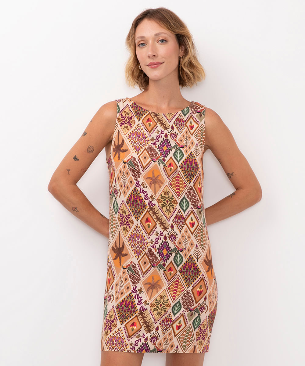 vestido curto de viscose tropical bege