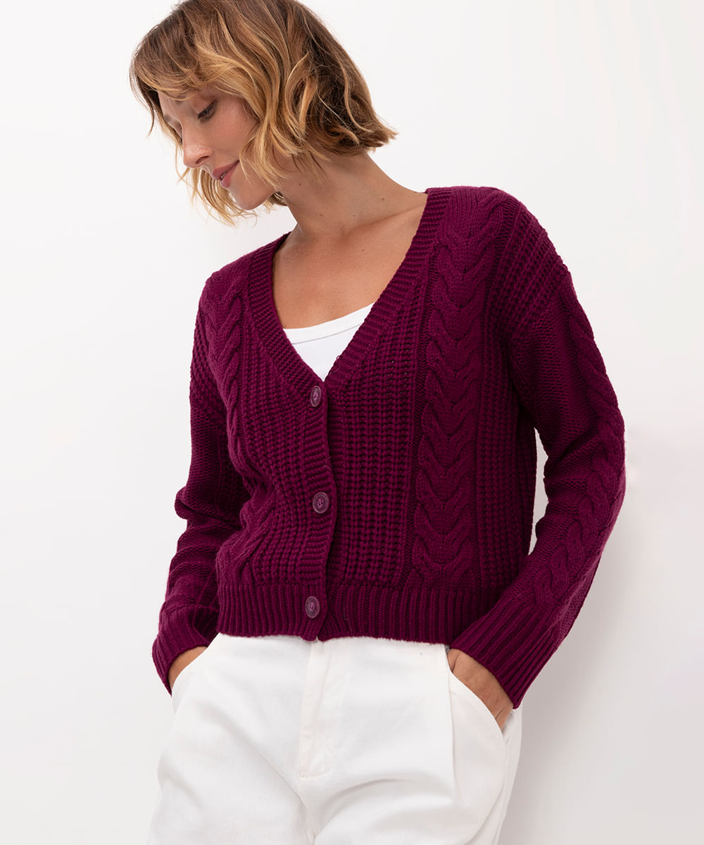 cardigan de tricô manga longa com botões roxo