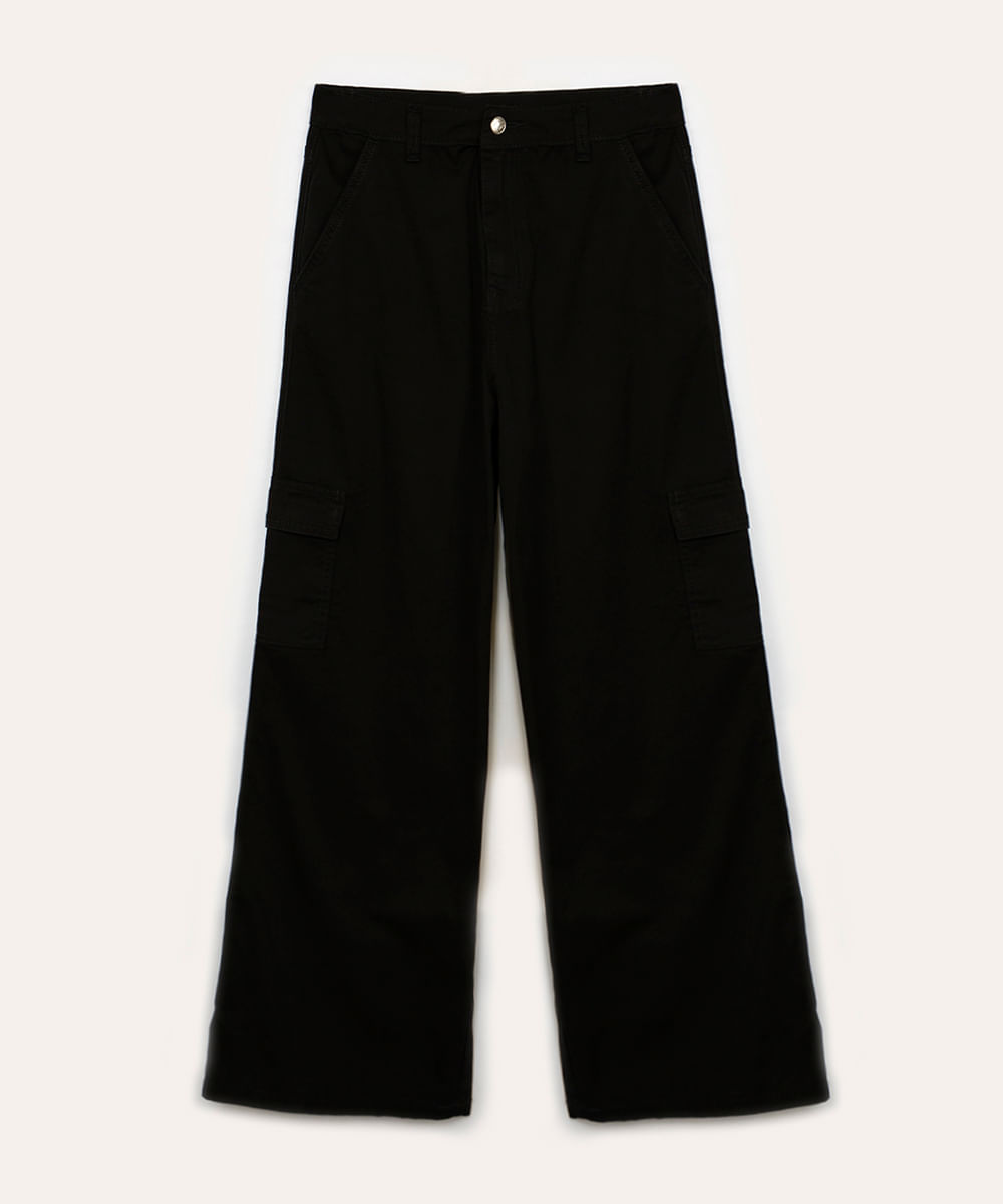 calça wide leg de sarja infantil cargo preto