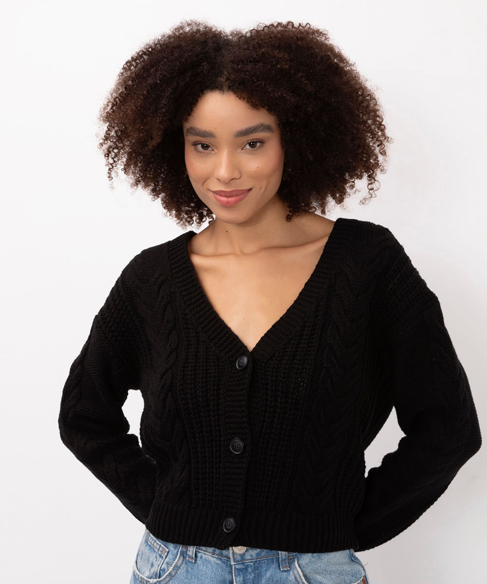 cardigan de tricô manga longa com botões preto