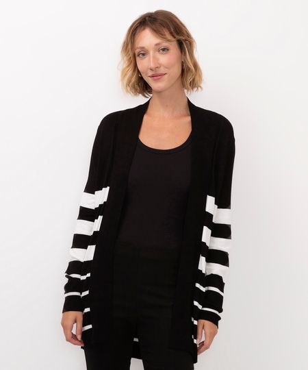 cardigan de tricô listrado detalhe canelado preto P cardigan de tricô listrado detalhe canelado preto P
