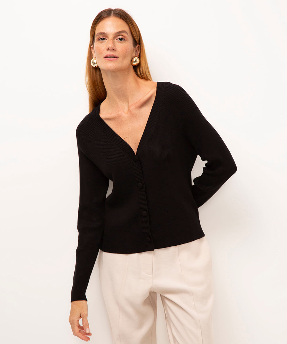 cardigan de tricot canelado preto