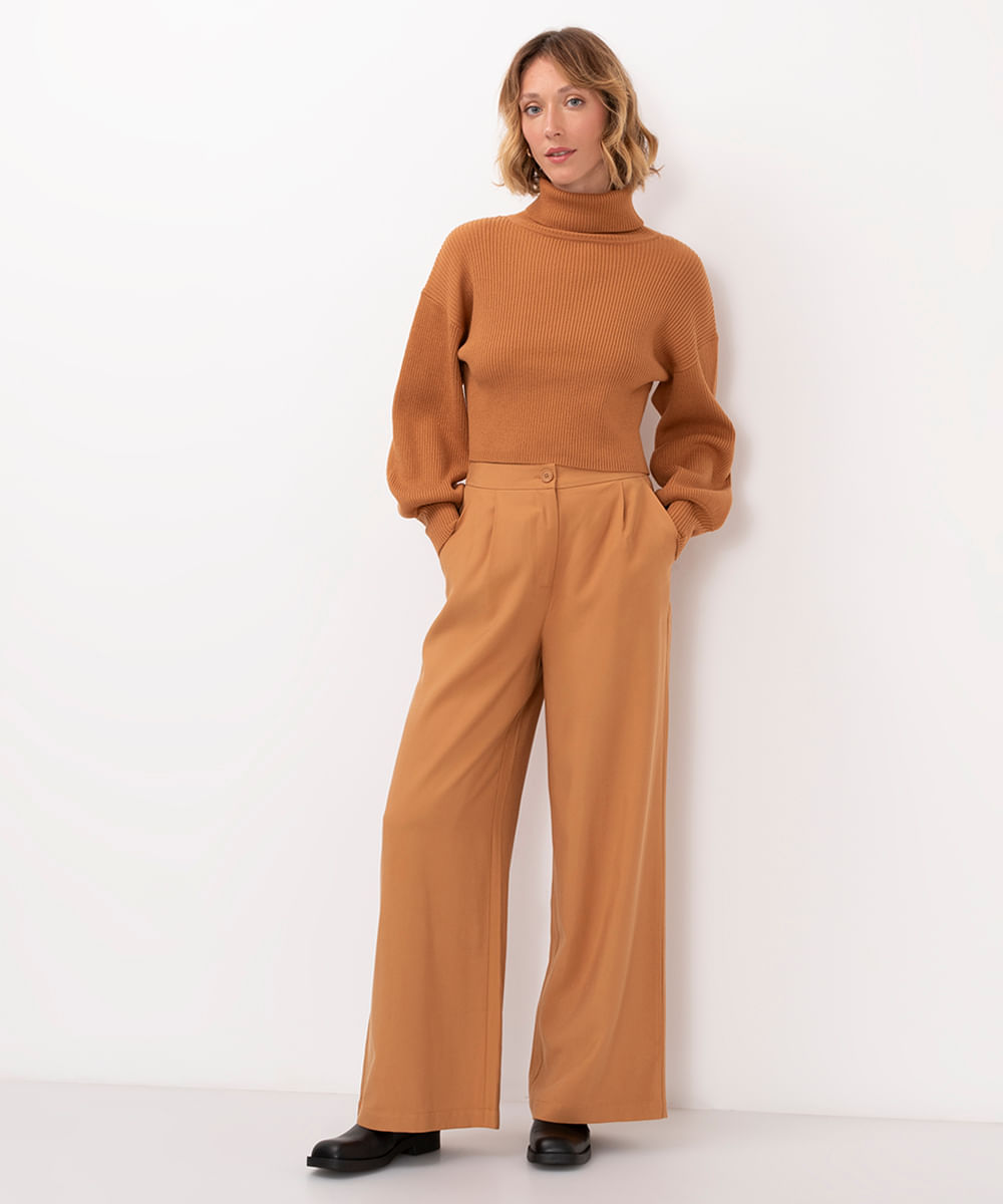 calça wide leg de viscose cintura alta com elástico bege