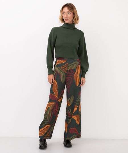 calça wide leg floral cintura alta verde PP