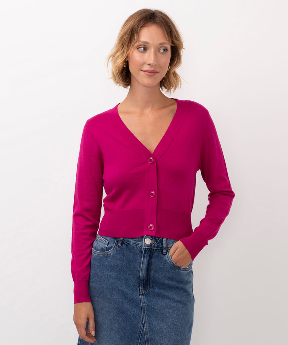 cardigan de tricô cropped manga longa roxo