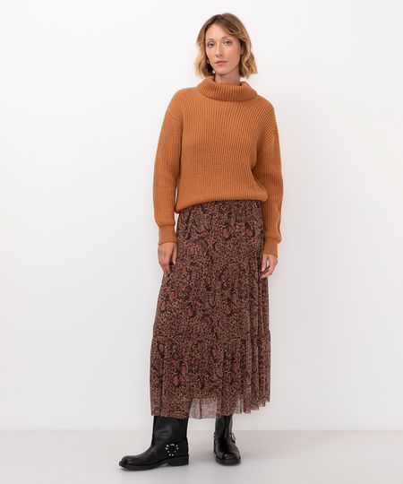 saia longa de tule animal print cintura alta marrom PP