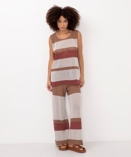 calça wide leg de tricot cintura alta bege M