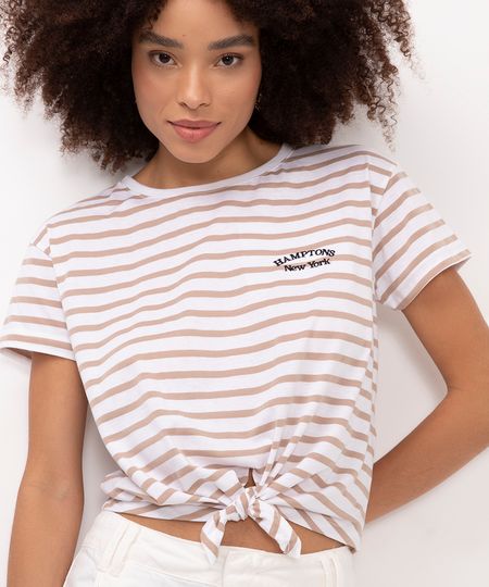 camiseta de algodão listrado com nó bege M