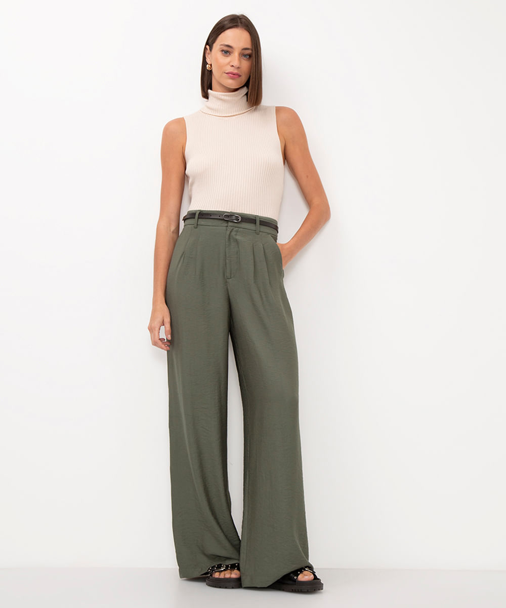 calça wide leg de viscose cintura alta com cinto verde