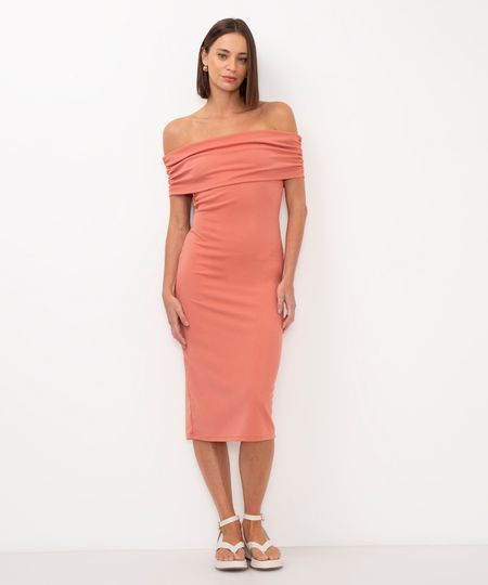 vestido midi ombro a ombro com franzido rosa M vestido midi ombro a ombro com franzido rosa M