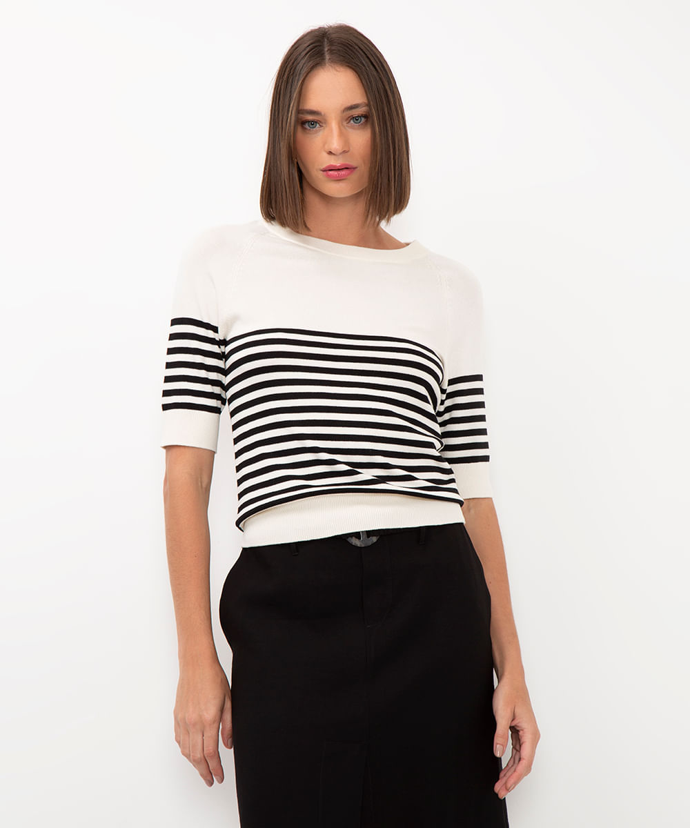 blusa de tricot listrada off white