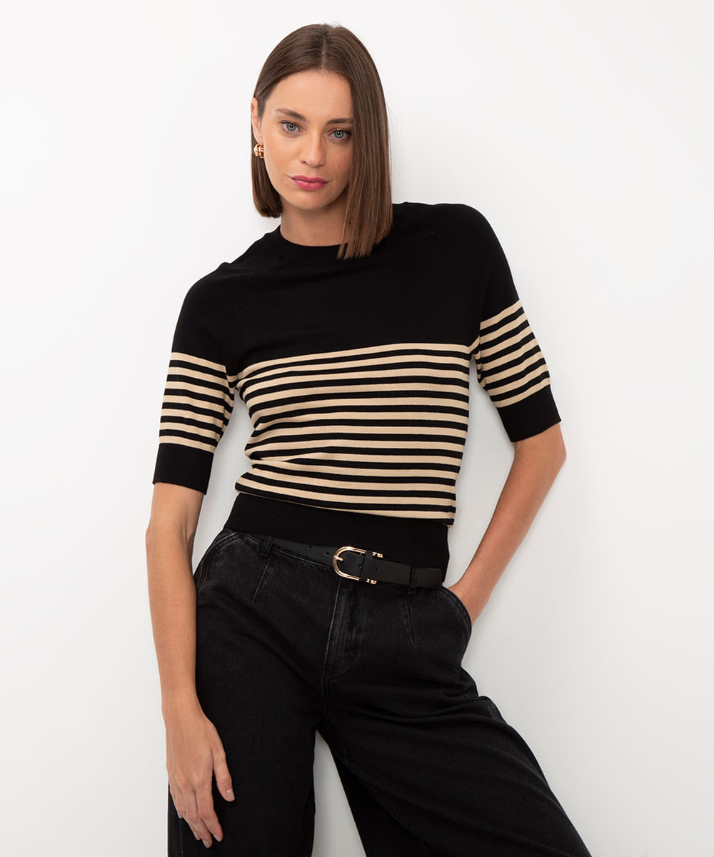 blusa de tricot listrada preto