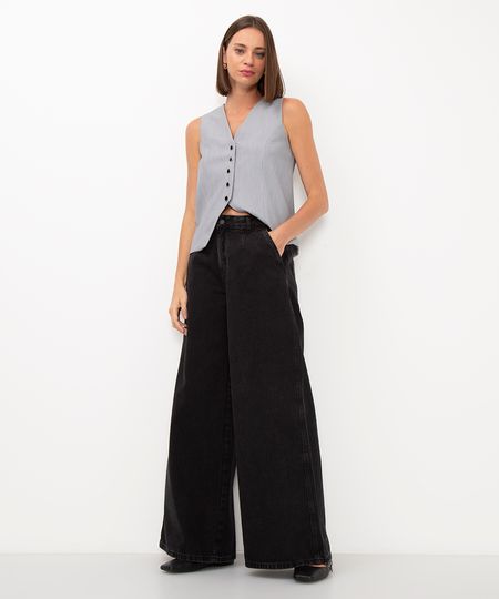 calça jeans super wide leg cintura alta preta 34