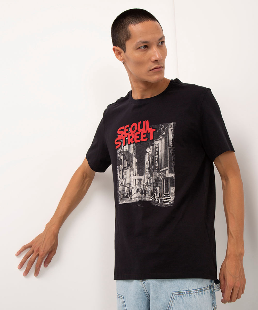 camiseta de algodão manga curta seoul street preto