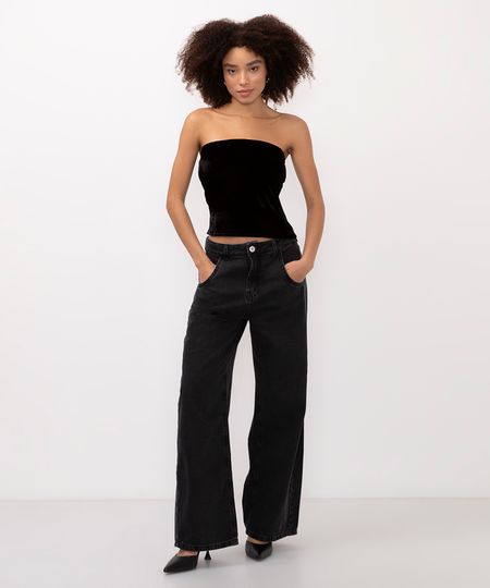 calça jeans wide leg oversized cintura média preta 34