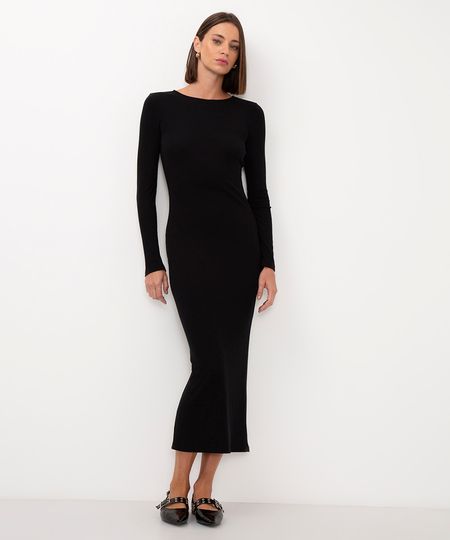 vestido longo de viscose canelada - PRETO P