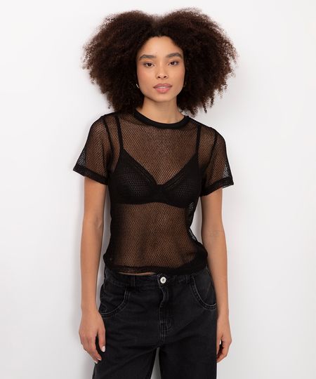 blusa de tricot com transparência preto PP blusa de tricot com transparência preto PP