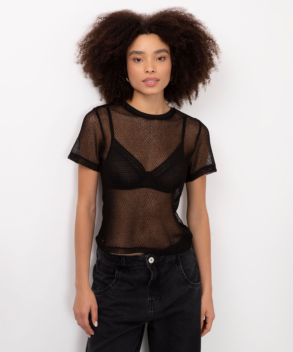 blusa de tricot com transparência preto