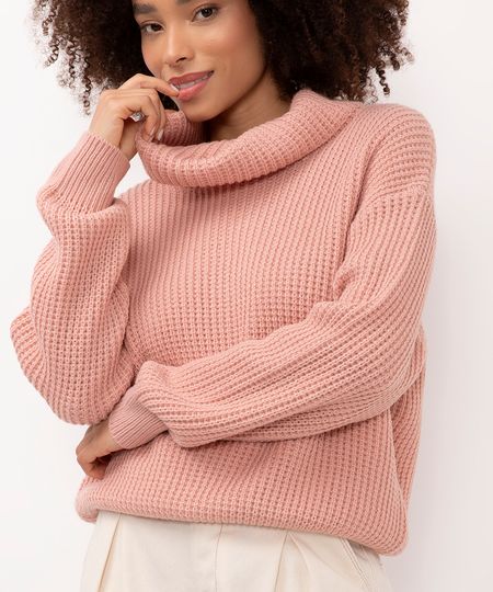 suéter de tricot gola alta rosê PP