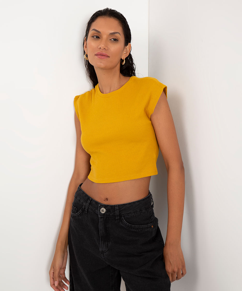 cropped de algodão texturizado amarelo