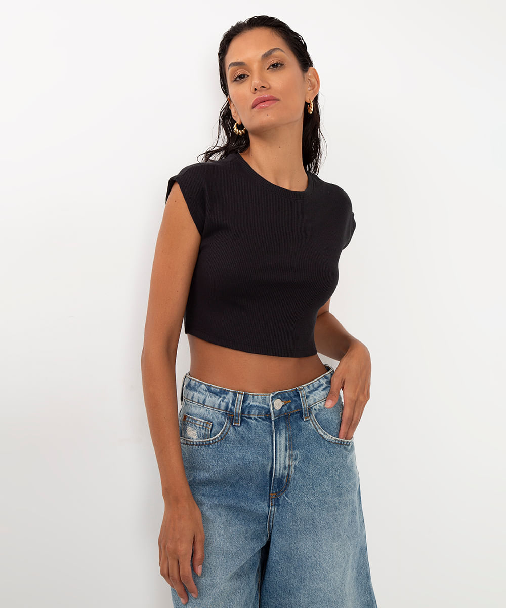 cropped de algodão texturizado preto