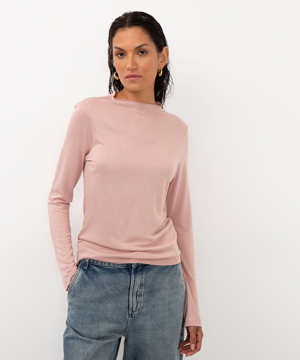 blusa de viscose manga longa rosa médio