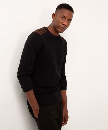 suéter de tricot com recorte de suede preto P suéter de tricot com recorte de suede preto P