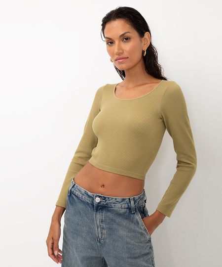 blusa de poliamida canelada cropped manga longa verde G
