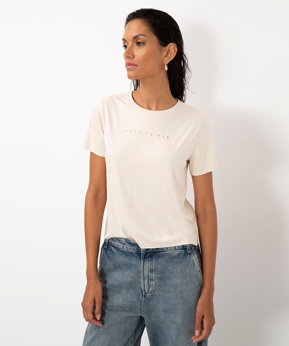 blusa de suede com escrita manga curta bege