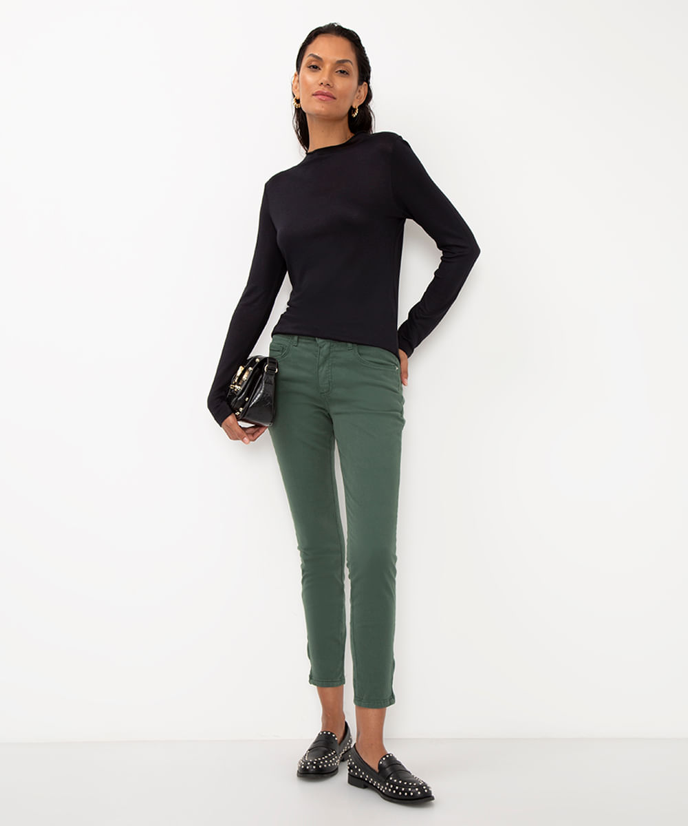 calça de sarja super skinny cintura média verde