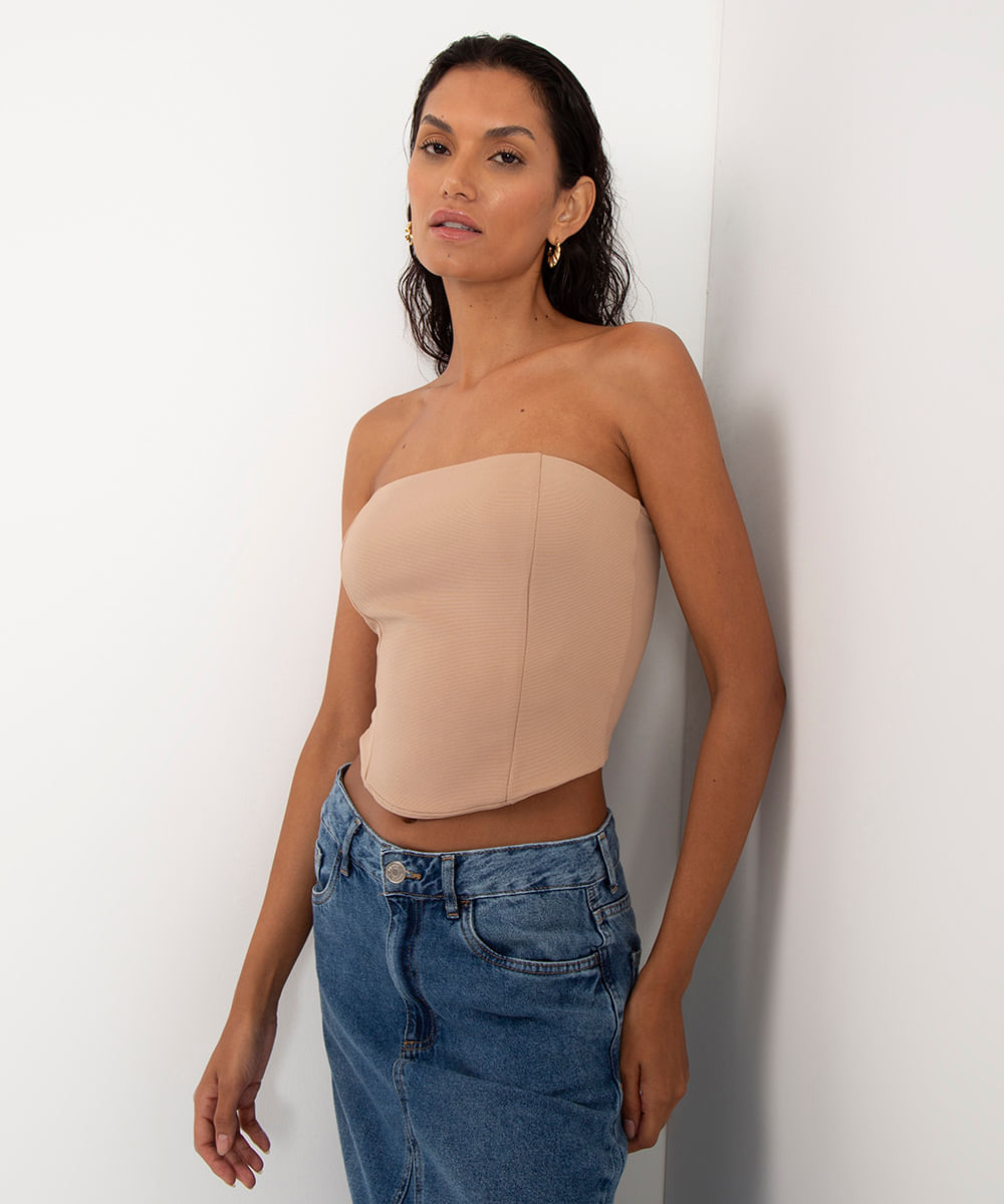 blusa corset sem alça com zíper bege