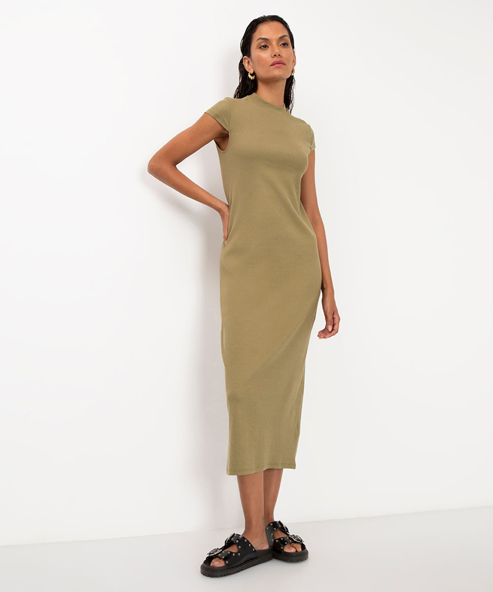 vestido midi de algodão canelado básico verde