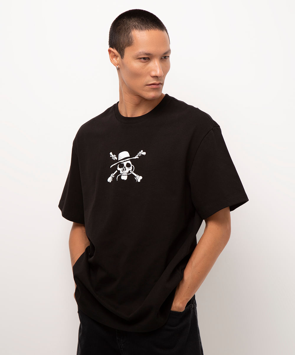 camiseta de algodão manga curta one piece preto