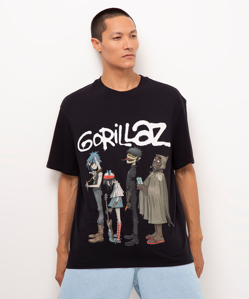 camiseta de algodão manga curta gorillaz preto