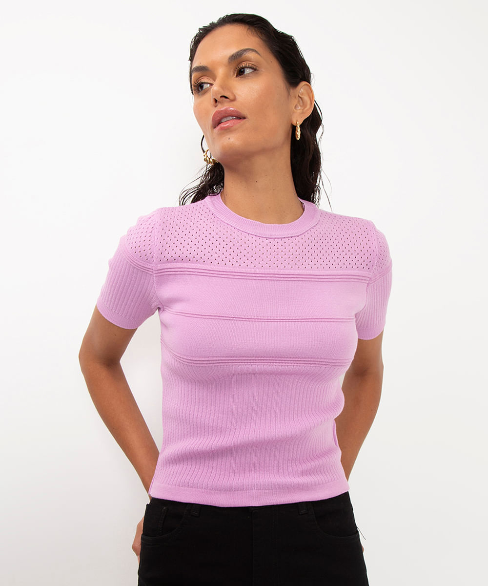 blusa de tricot texturas manga curta lilás