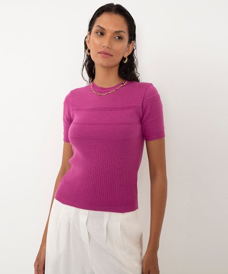 blusa de tricot texturas manga curta rosa G