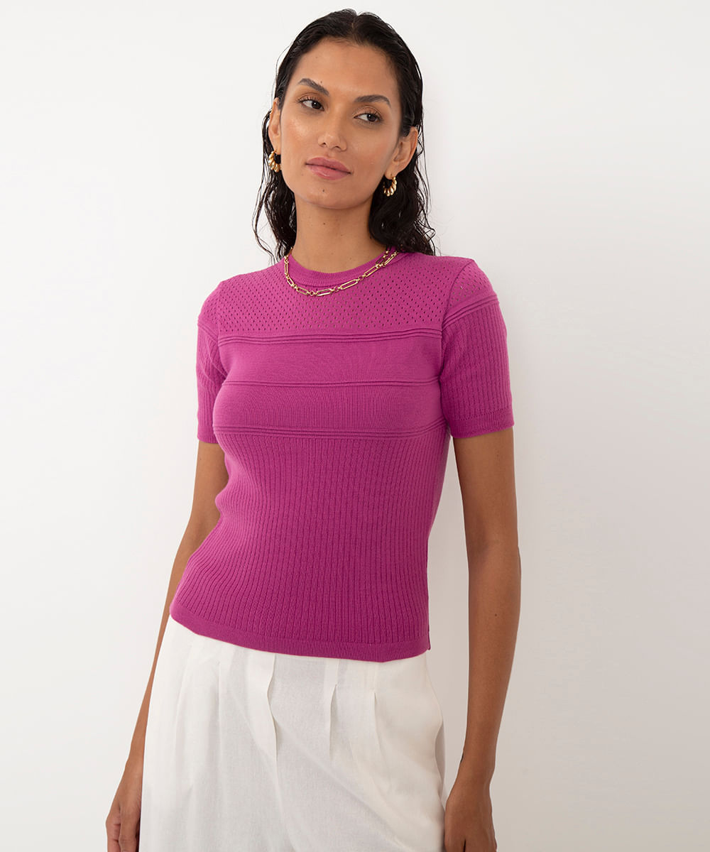 blusa de tricot texturas manga curta rosa