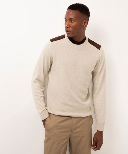 suéter de tricot com recorte de suede bege P