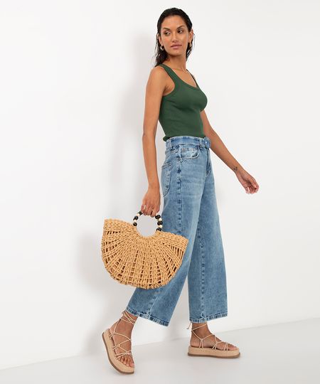 calça jeans wide leg cropped com cinto azul 38