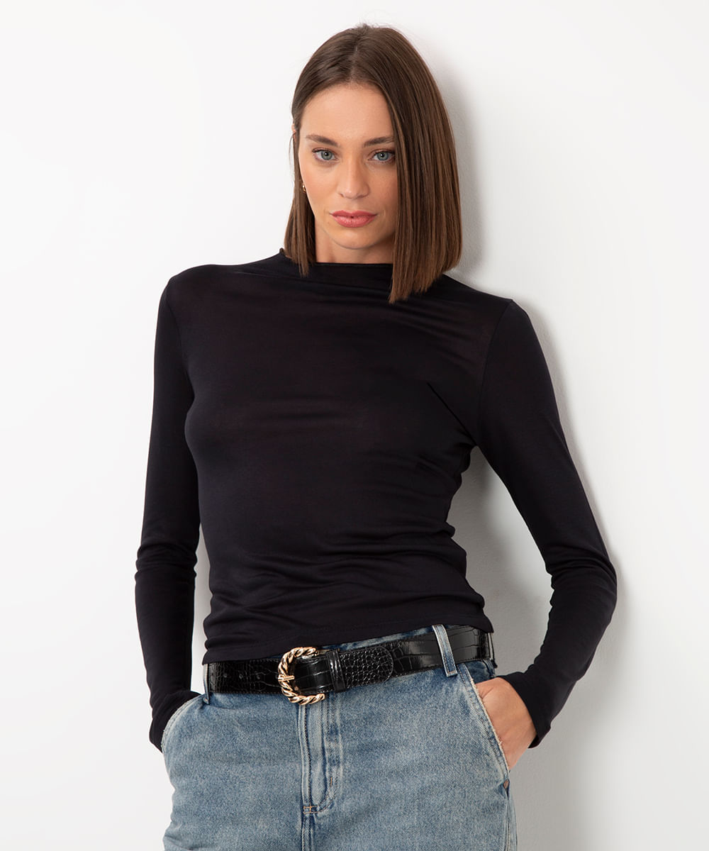 blusa de viscose manga longa preto