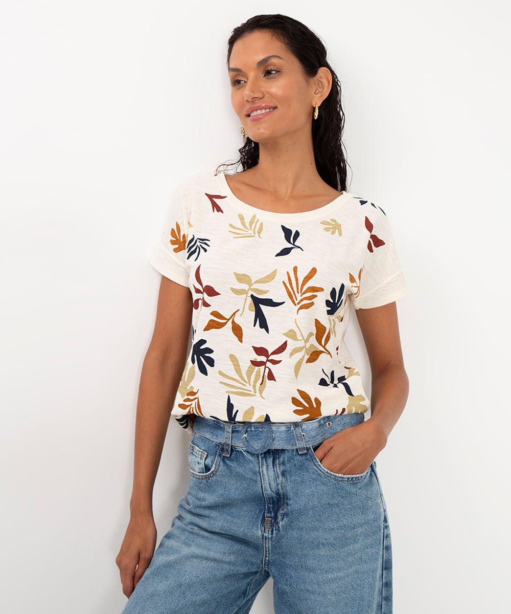 camiseta flamê floral off white