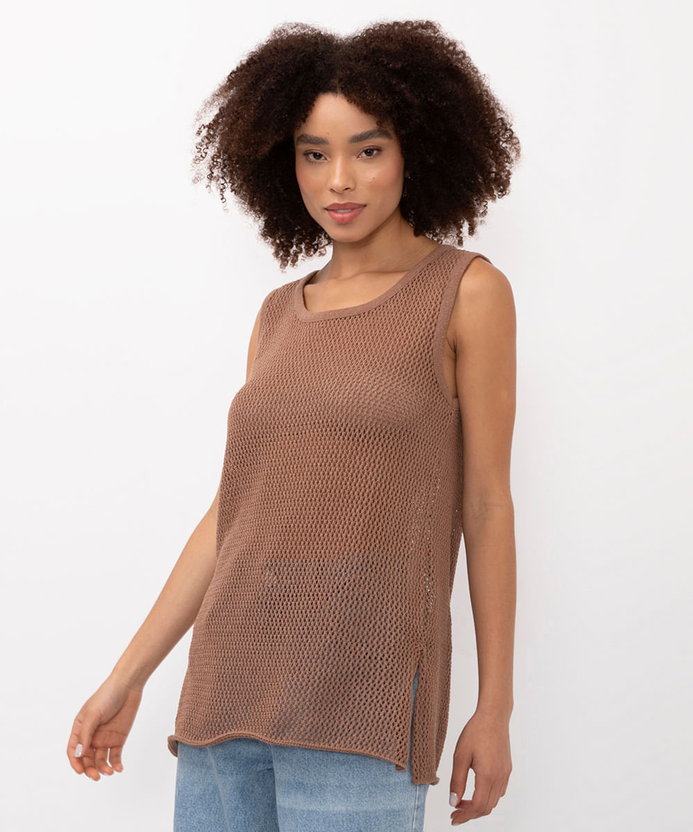 blusa de tricot com fenda bege