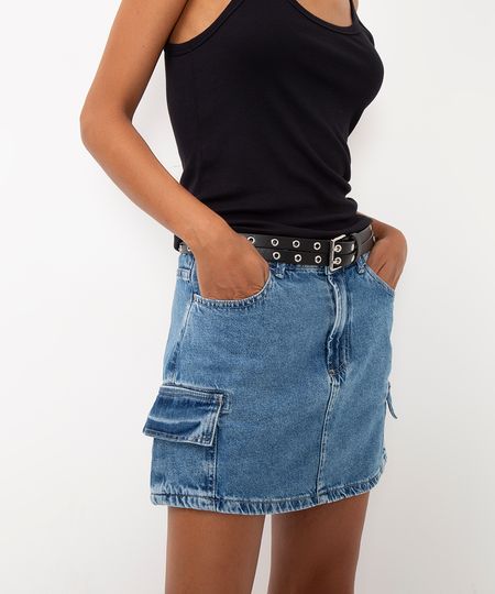 minissaia jeans cintura média cargo azul 36