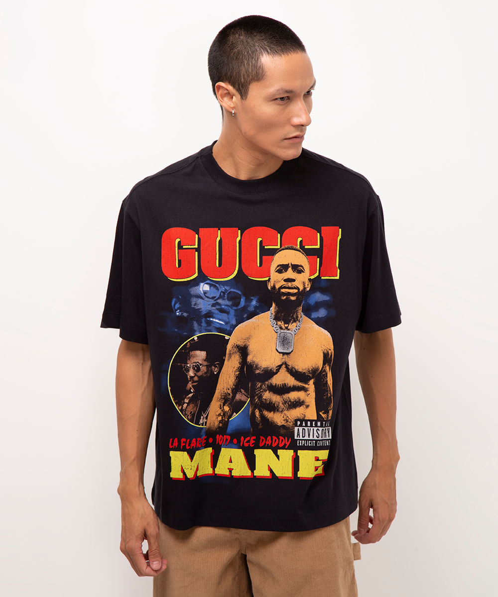 camiseta de algodão manga curta gucci mane preto