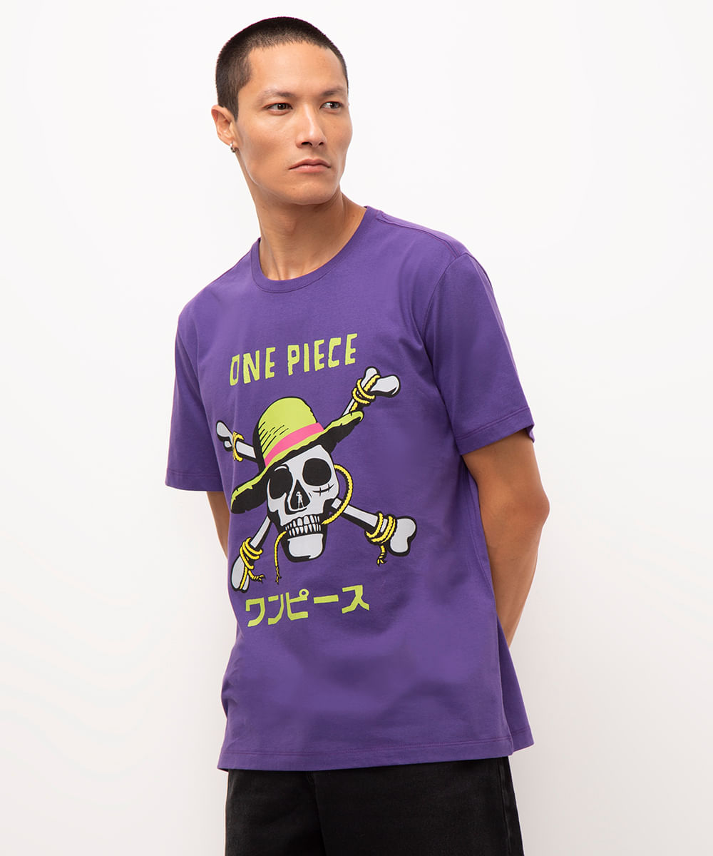 camiseta de algodão manga curta one piece roxo