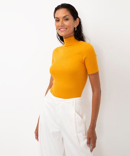 blusa de tricot canelado gola alta amarela PP