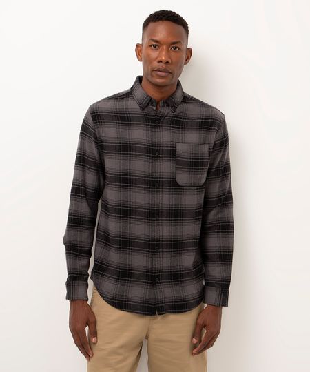 camisa comfort flanelada xadrez cinza escuro P camisa comfort flanelada xadrez cinza escuro P