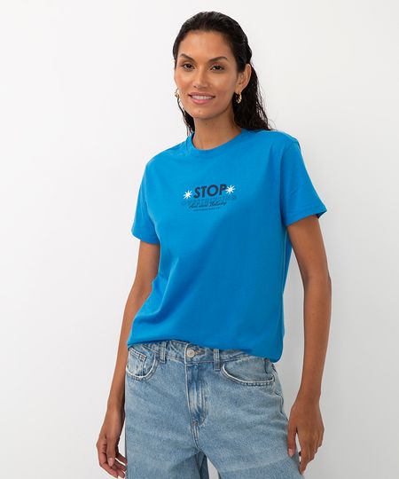 camiseta de algodão stop manga curta azul M camiseta de algodão stop manga curta azul M