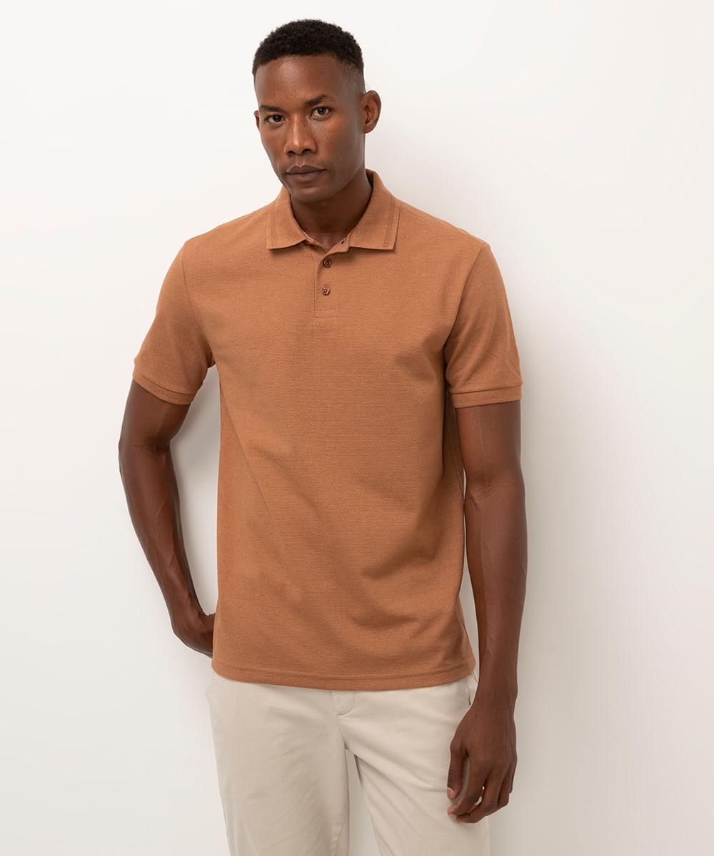 polo de algodão texturizada manga curta laranja