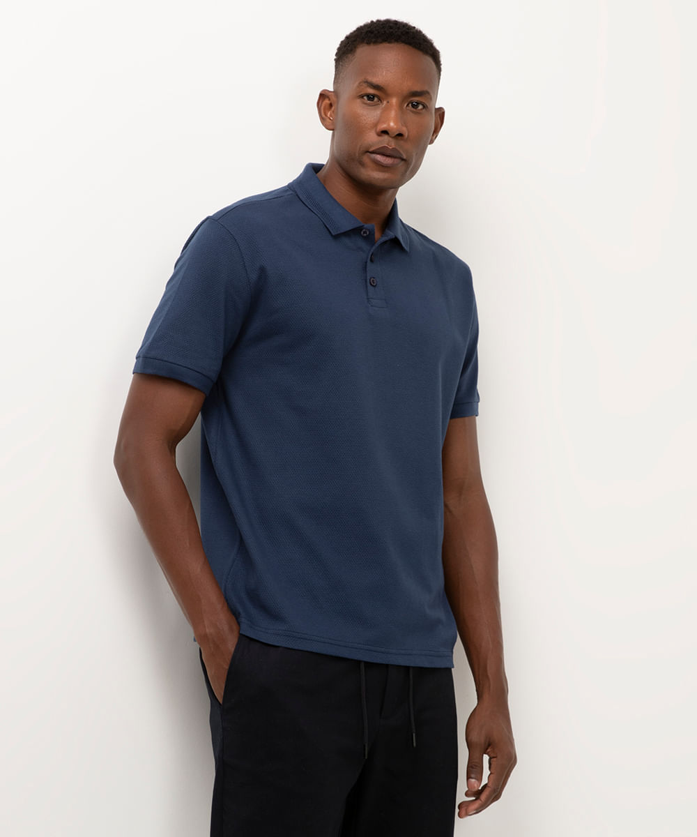 polo de algodão texturizada manga curta azul